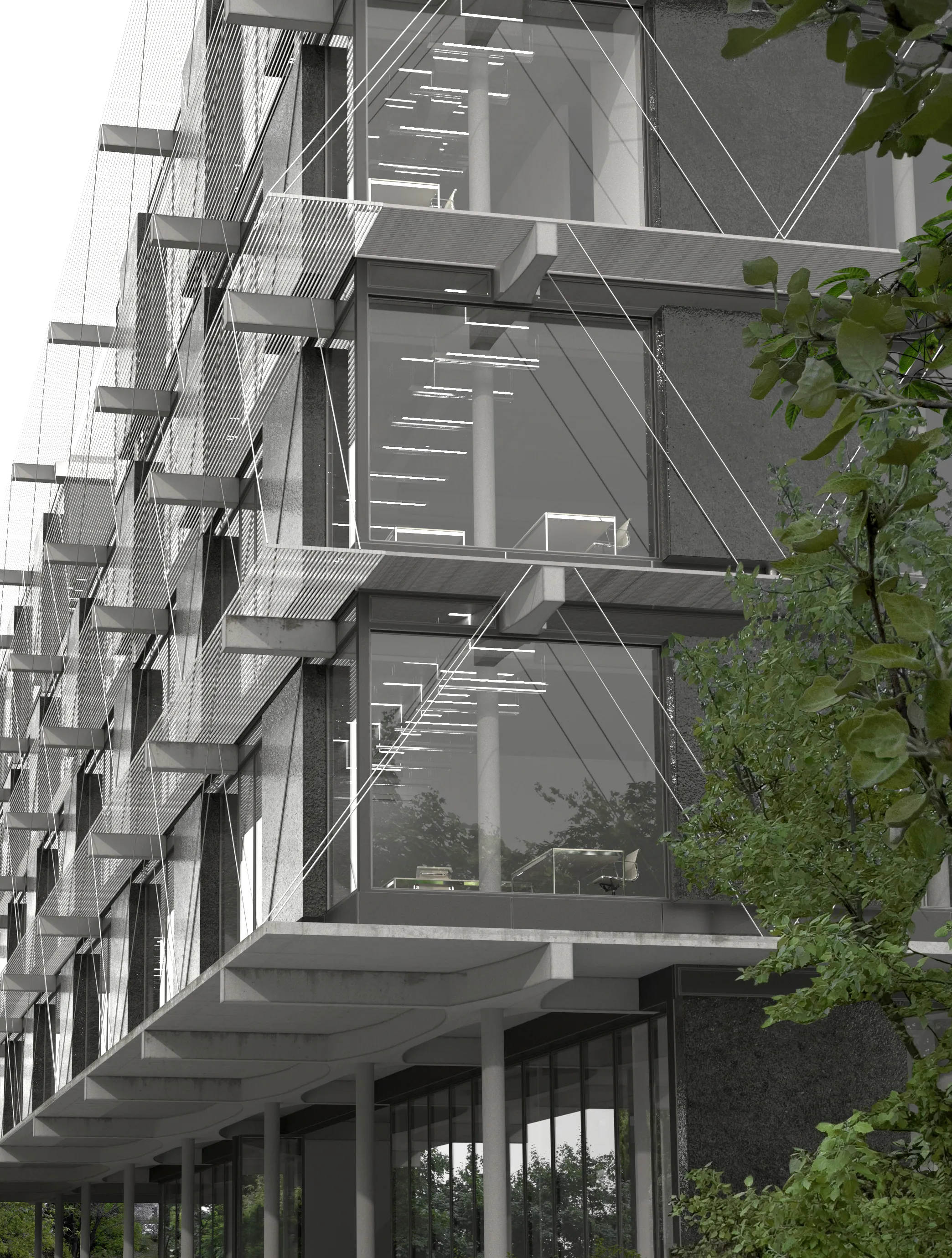 Exterior elevation of the building for Prague Medical Emergency Service made out of black polished concrete and steel elements.
