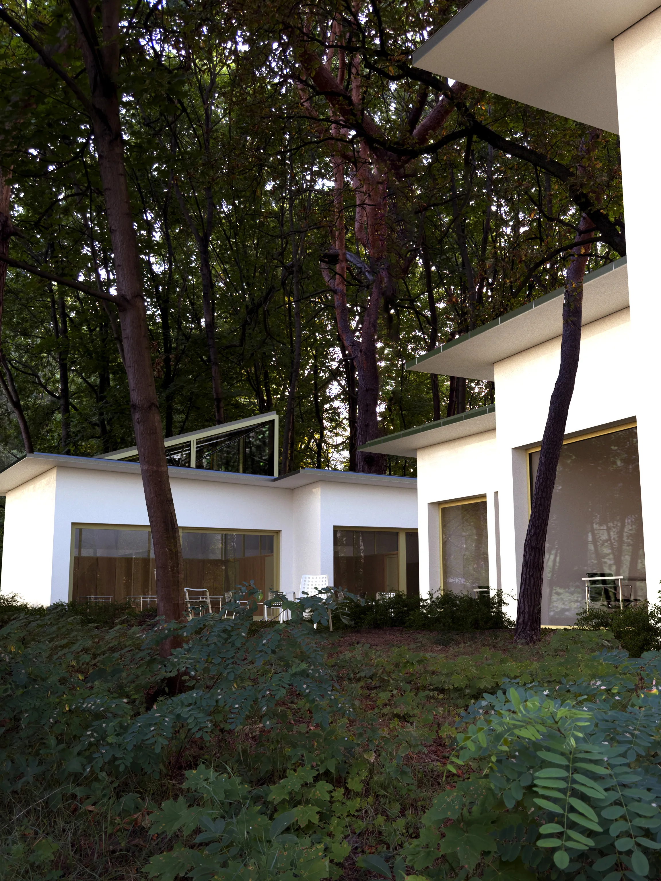 An exterior view of the facade of a day care building in Warsaw Wesoła located on a wooded lot winding around existing trees.