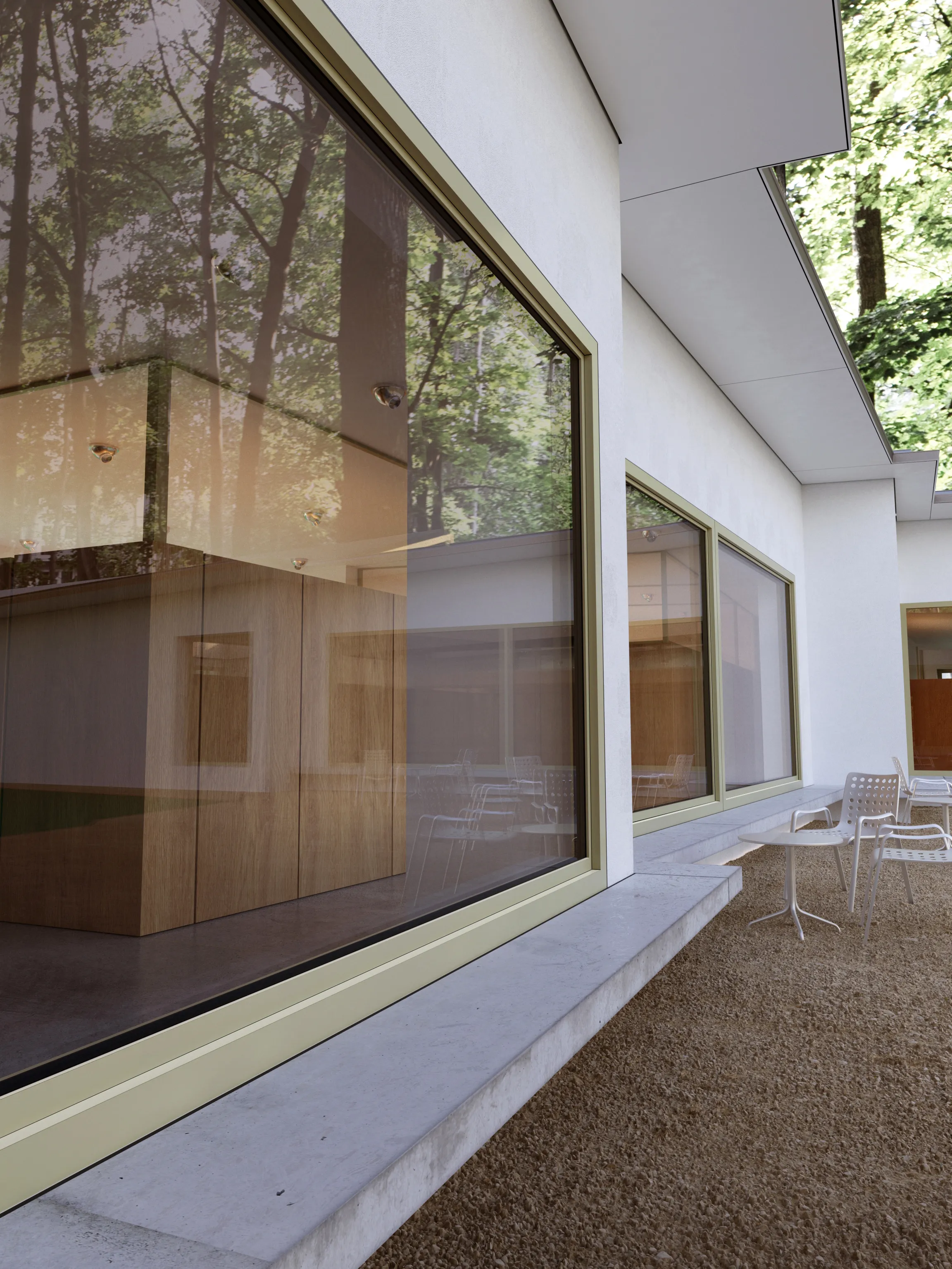 An exterior view of the facade of a day care building in Warsaw Wesoła located on a wooded lot winding around existing trees.