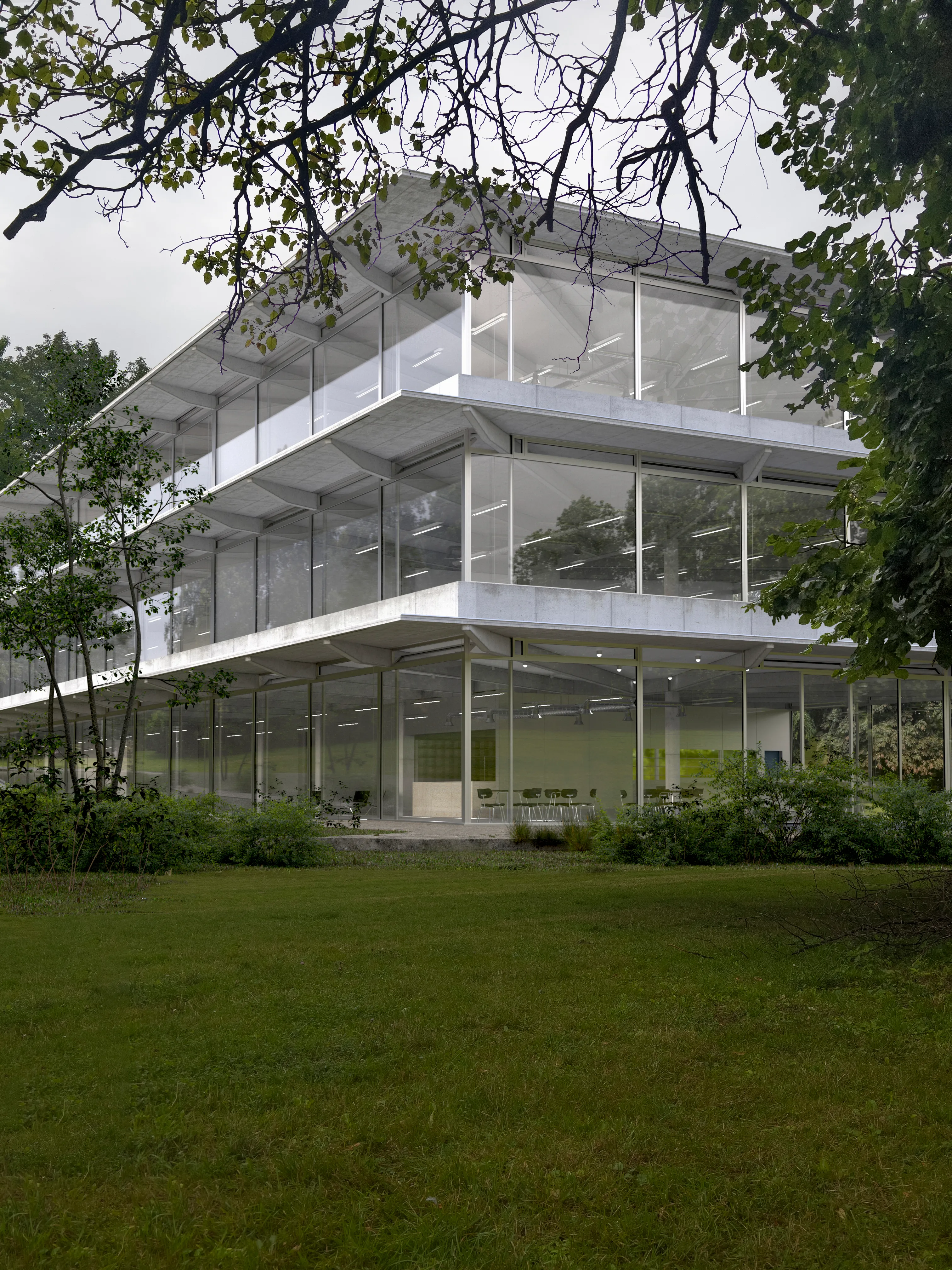 An exterior view of the pavilion that is the Conservation and Storage Center for the existing National Museum in Warsaw. The view from the "Na Książecem" Park.