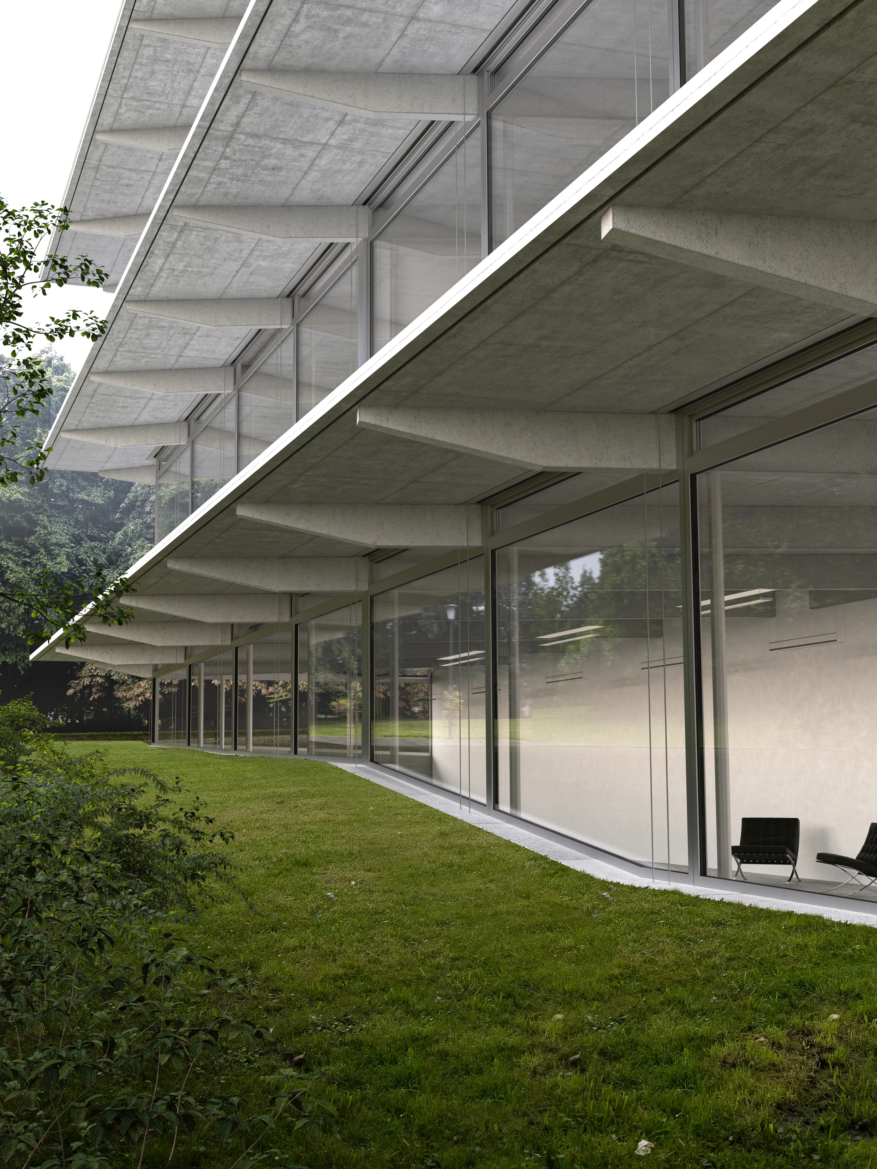 An exterior view of the pavilion that is the Conservation and Storage Center for the existing National Museum in Warsaw. The reinforced concrete beams that are the structure of the building rotate around its long axis. 