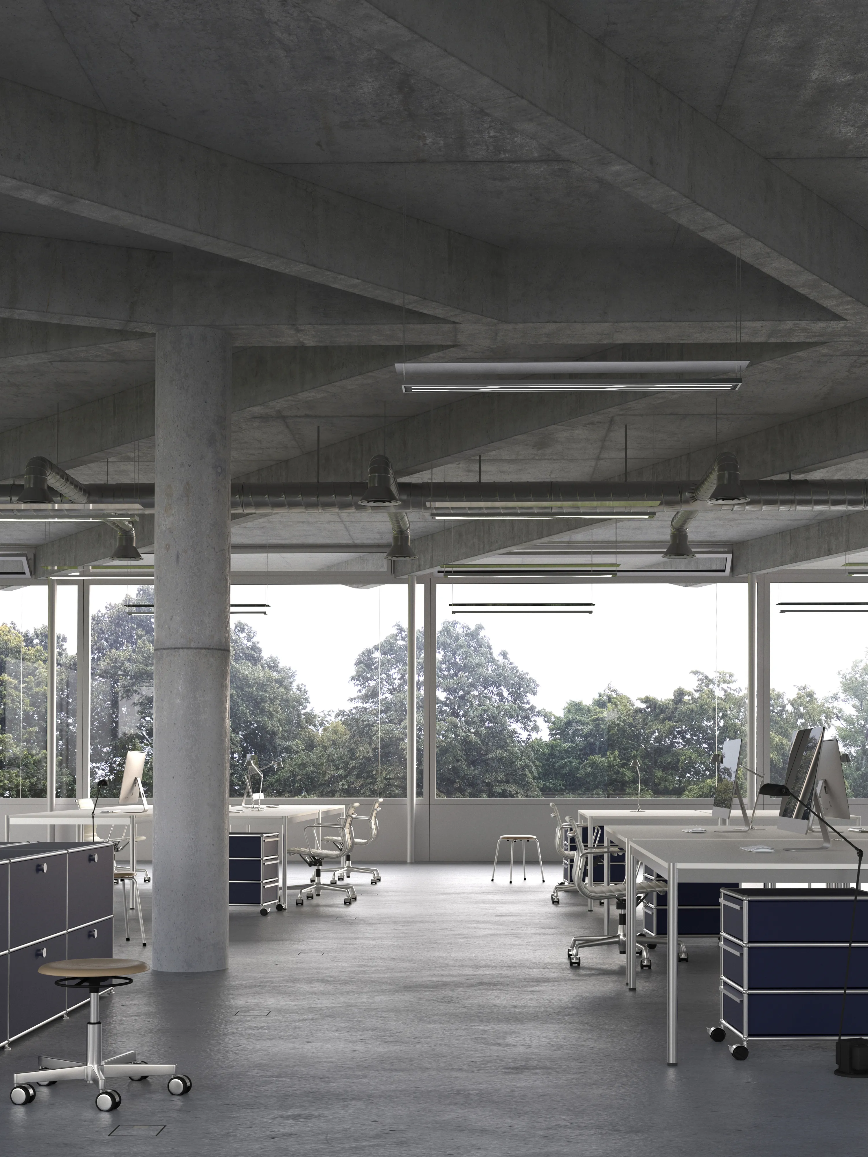 Interior space of the pavilion that is the Conservation and Storage Center for the existing National Museum in Warsaw. Depicted rooms is meant as conservation space. In the background there is "Na Książecem" Park.