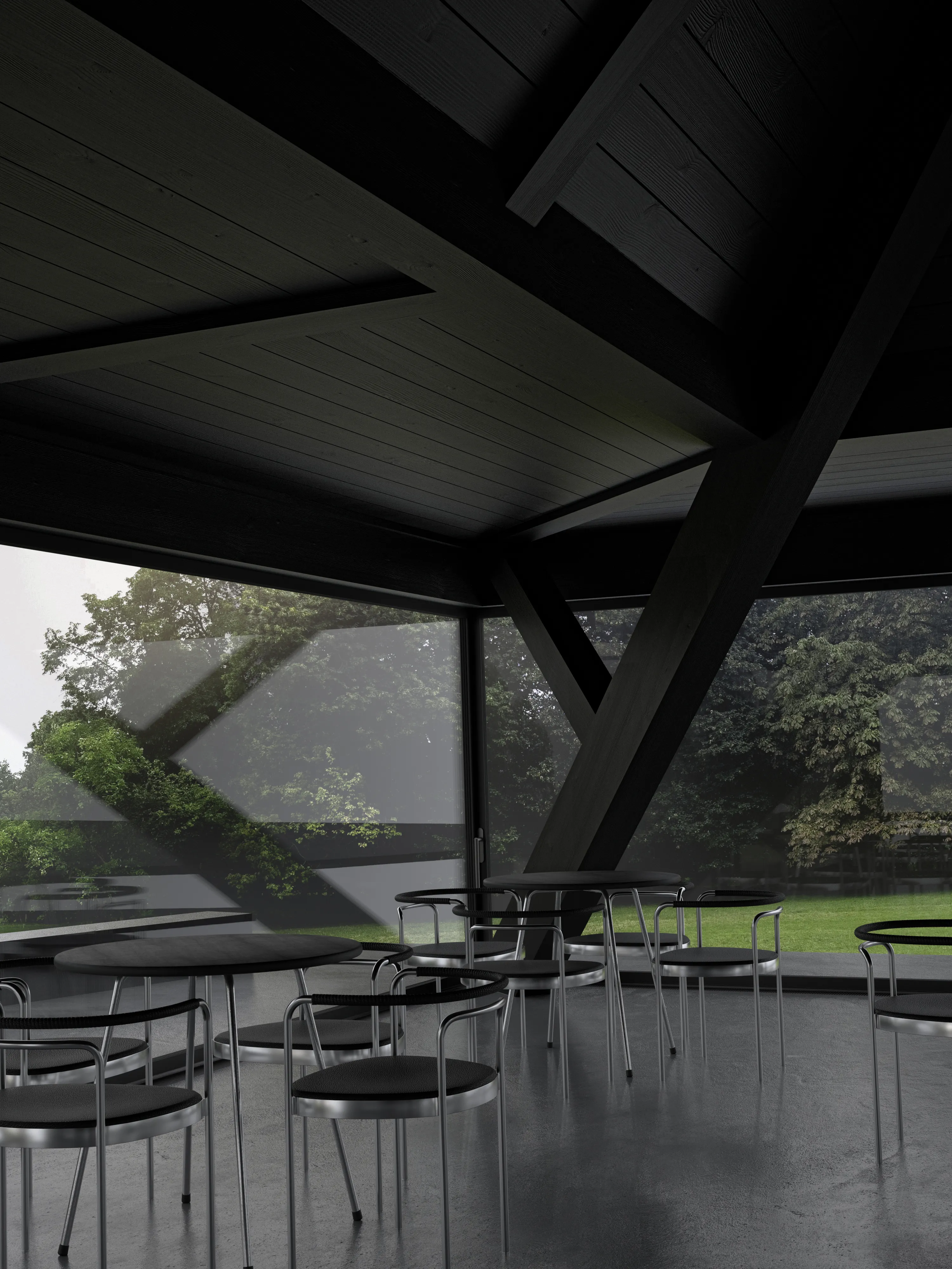 Interior of a wooden pavilion - orangery in Świeradów Zdrój, which is an extension of the existing villa szarotka at Zdrojowa Street. The pavilion has a cafe-restaurant role.