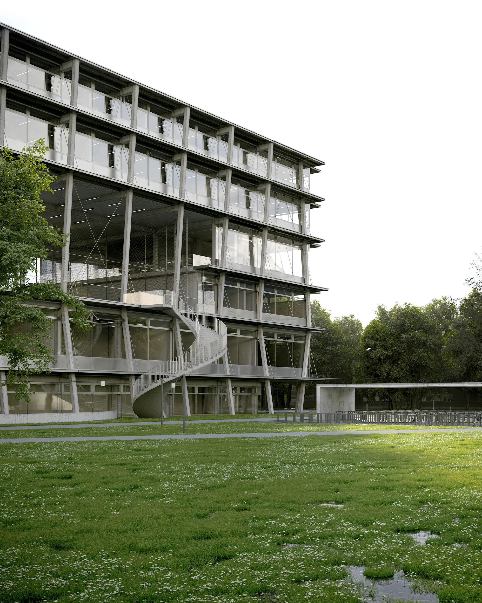 Project of a school building in Isengrind, Zurich with an outside football pitch integrated in the middle of the building.