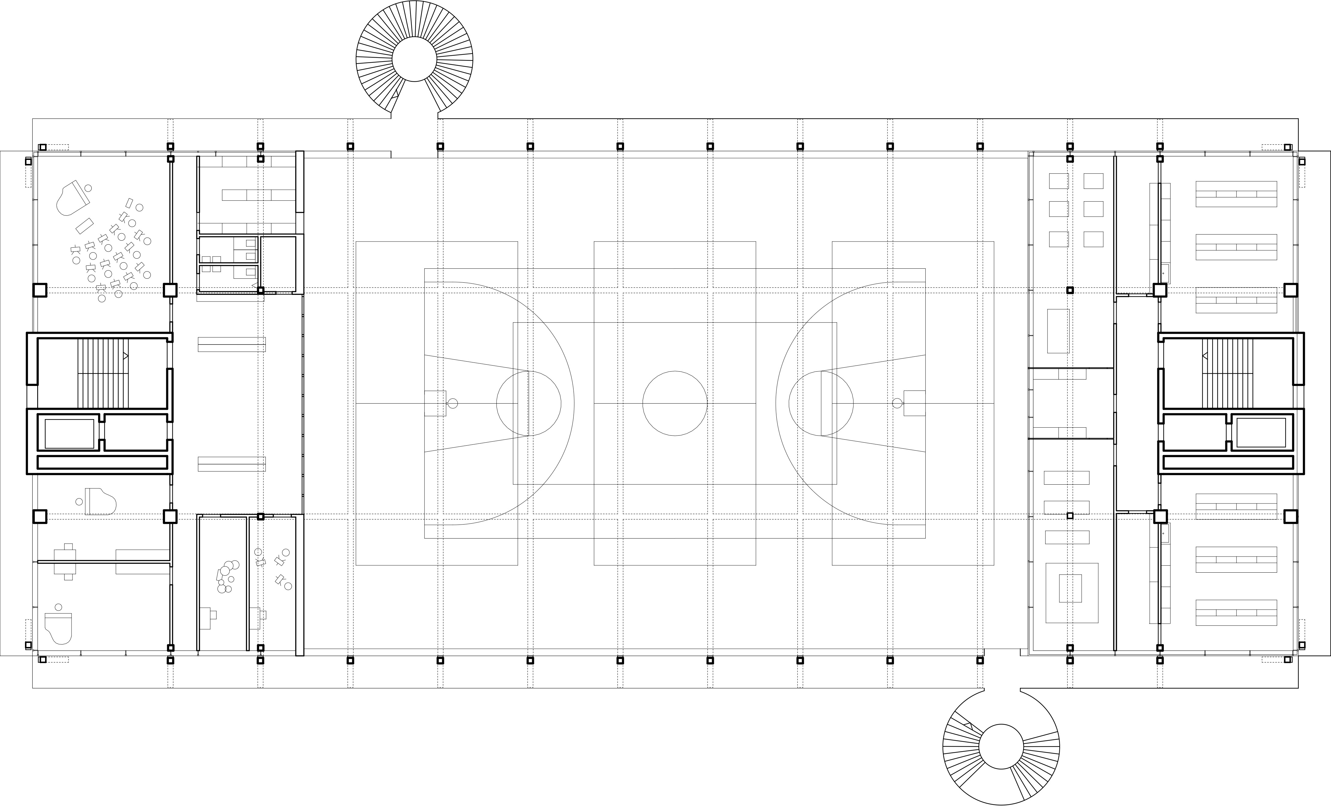 Floorplan level +2 of a school building in Isengrind, Zurich with a an outside football pitch integrated in the middle of the building.