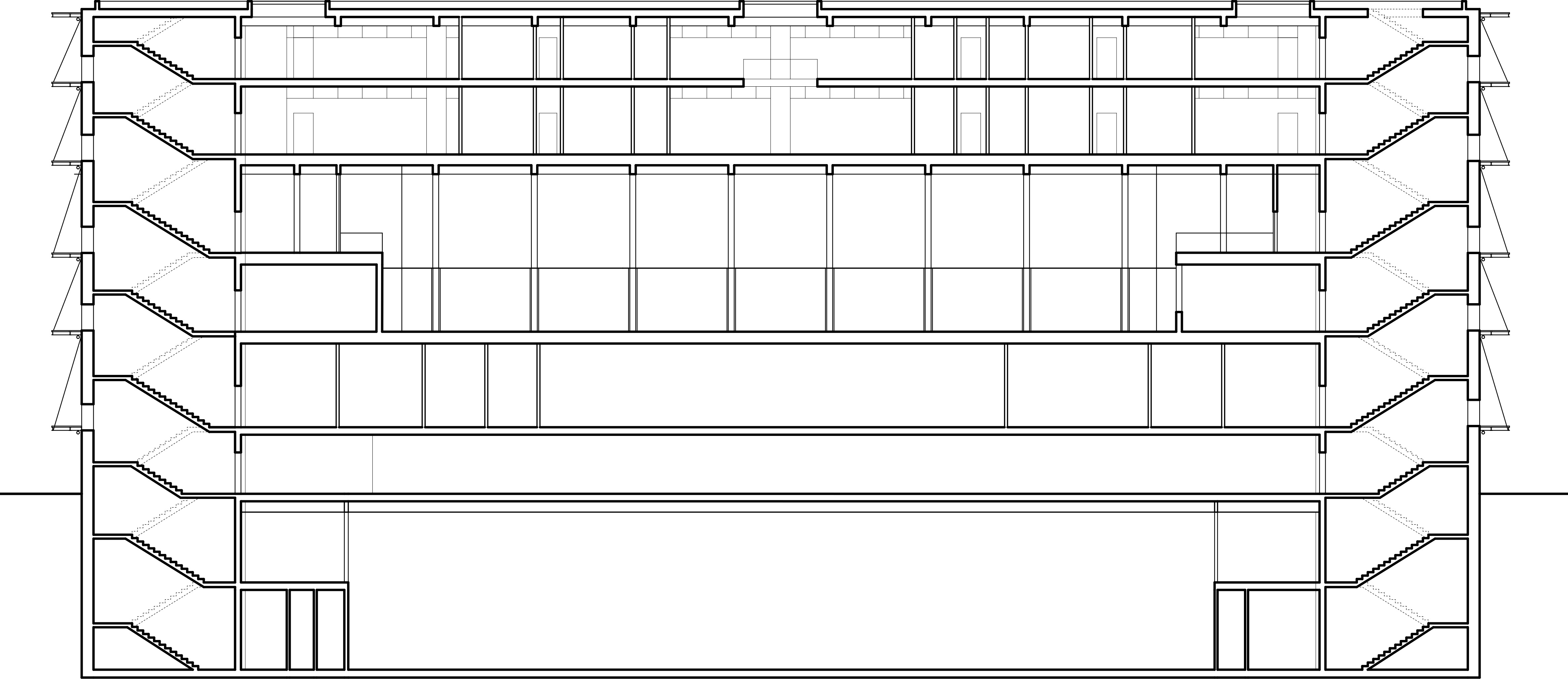 Long section of a school building in Isengrind, Zurich with a an outside football pitch integrated in the middle of the building.