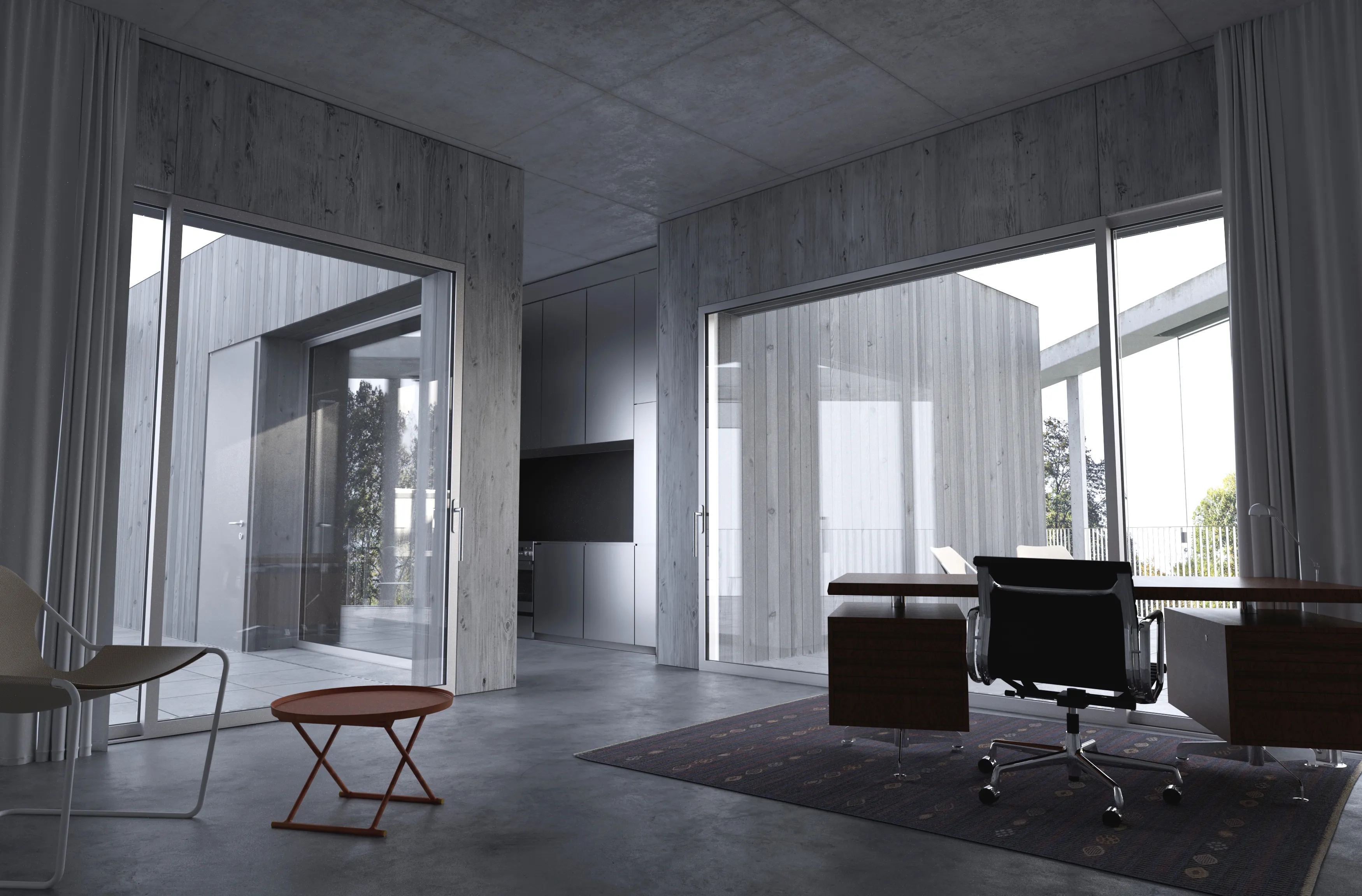 Interior of the living room combined with the kitchen of a social building for TBS in Katowice on Kosmiczna Street. Living room space directly connected to outdoor terraces.