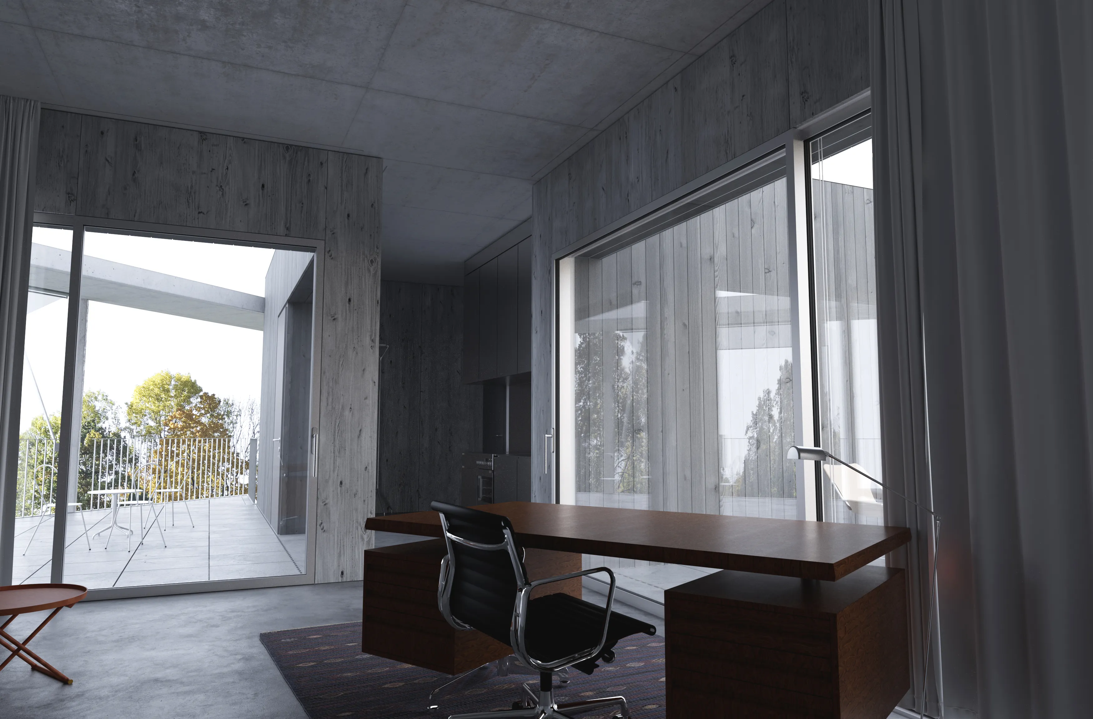 Interior of the living room combined with the kitchen of a social building for TBS in Katowice on Kosmiczna Street. Living room space directly connected to outdoor terraces.