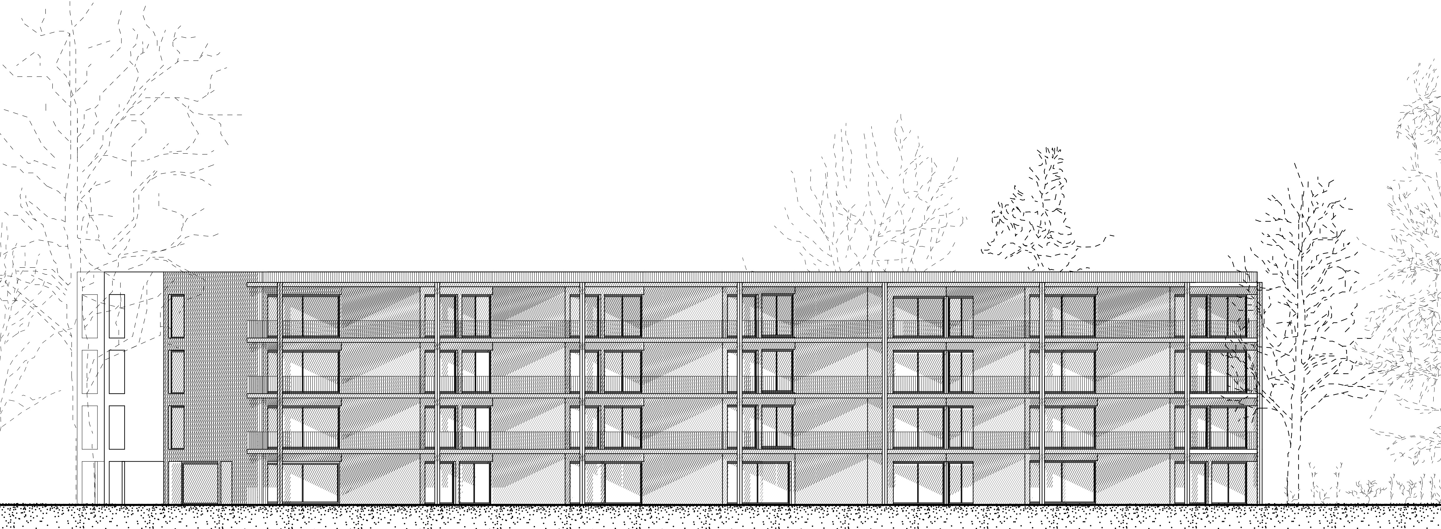 Eastern elevation of a social building for TBS in Katowice on Kosmiczna Street. The residential building is a gallery with different apartment typologies.