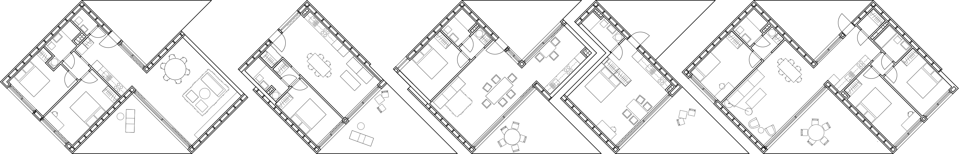 Floorplan of a social building for TBS in Katowice on Kosmiczna Street. The residential building is a gallery with different apartment typologies.
