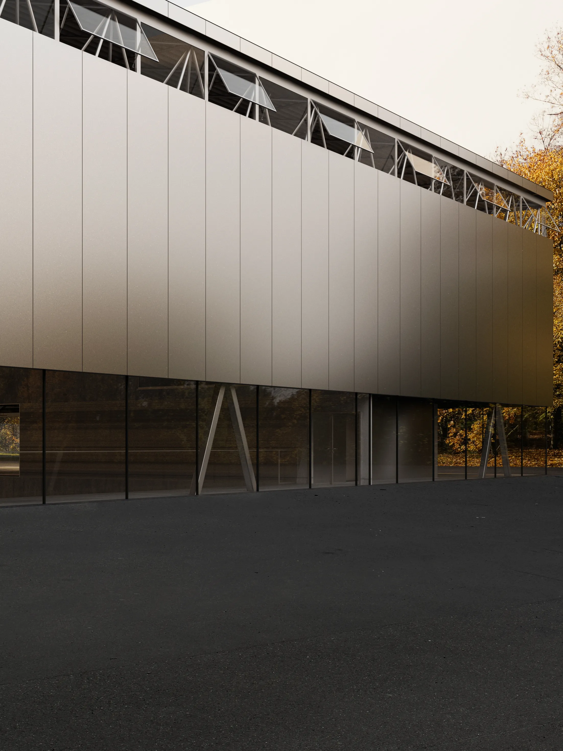 External metal facade of a sports hall being an extension of an existing elementary school in Miechów, Małopolskie voivodship.