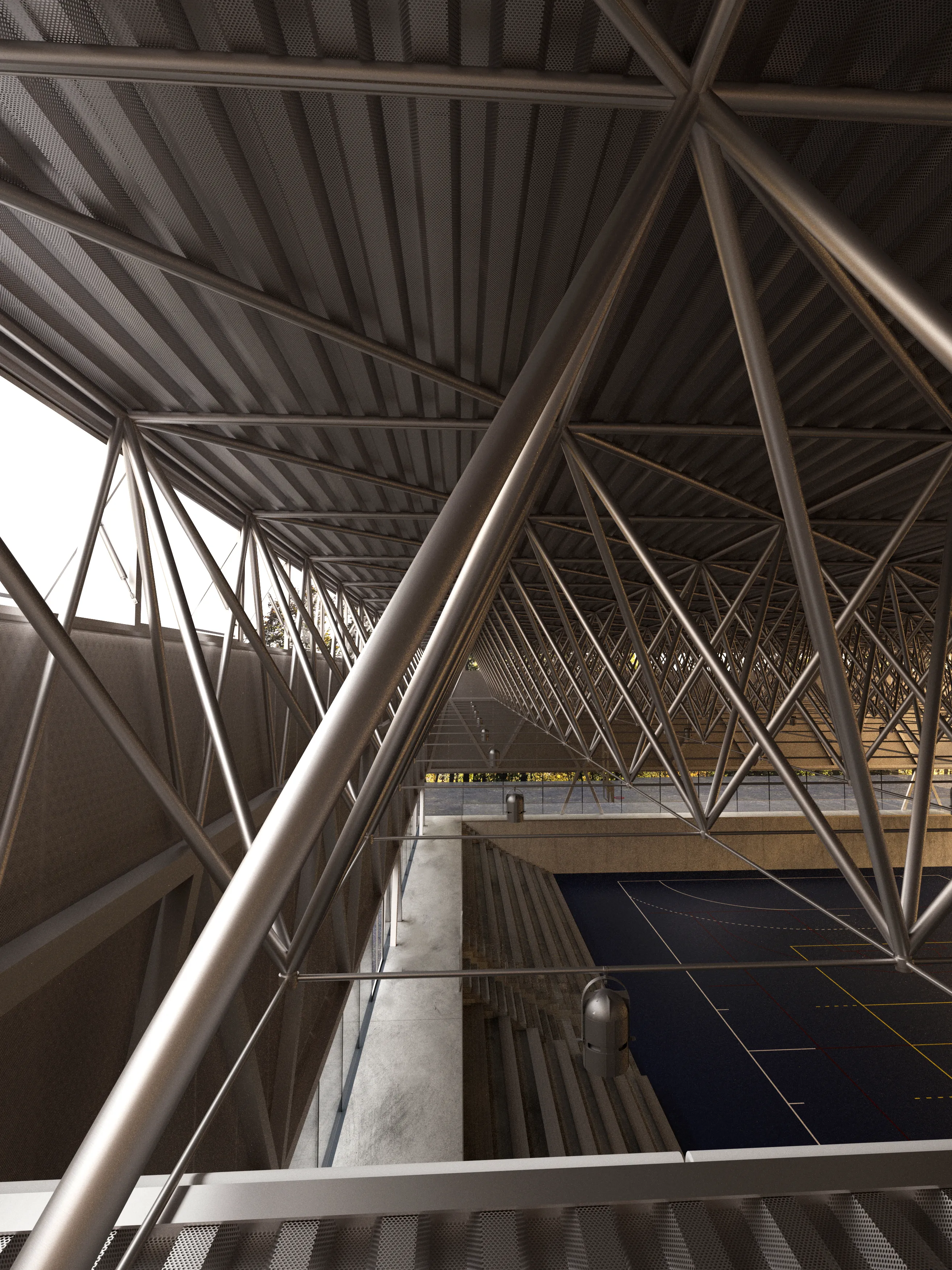 A lightweight modular sports hall roof structure designed from prefabricated metal elements that is an extension of an existing school in Miechów, Małopolska Voivodeship. 