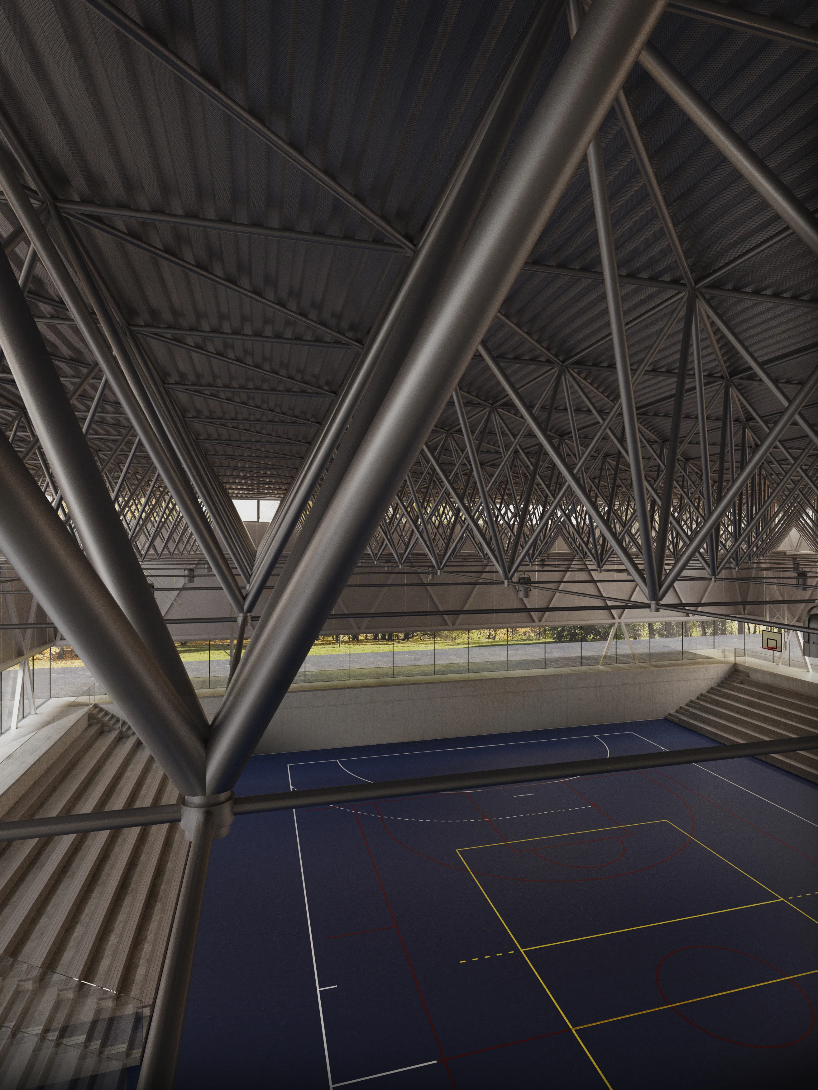 A lightweight modular sports hall roof structure designed from prefabricated metal elements that is an extension of an existing school in Miechów, Małopolska Voivodeship. 