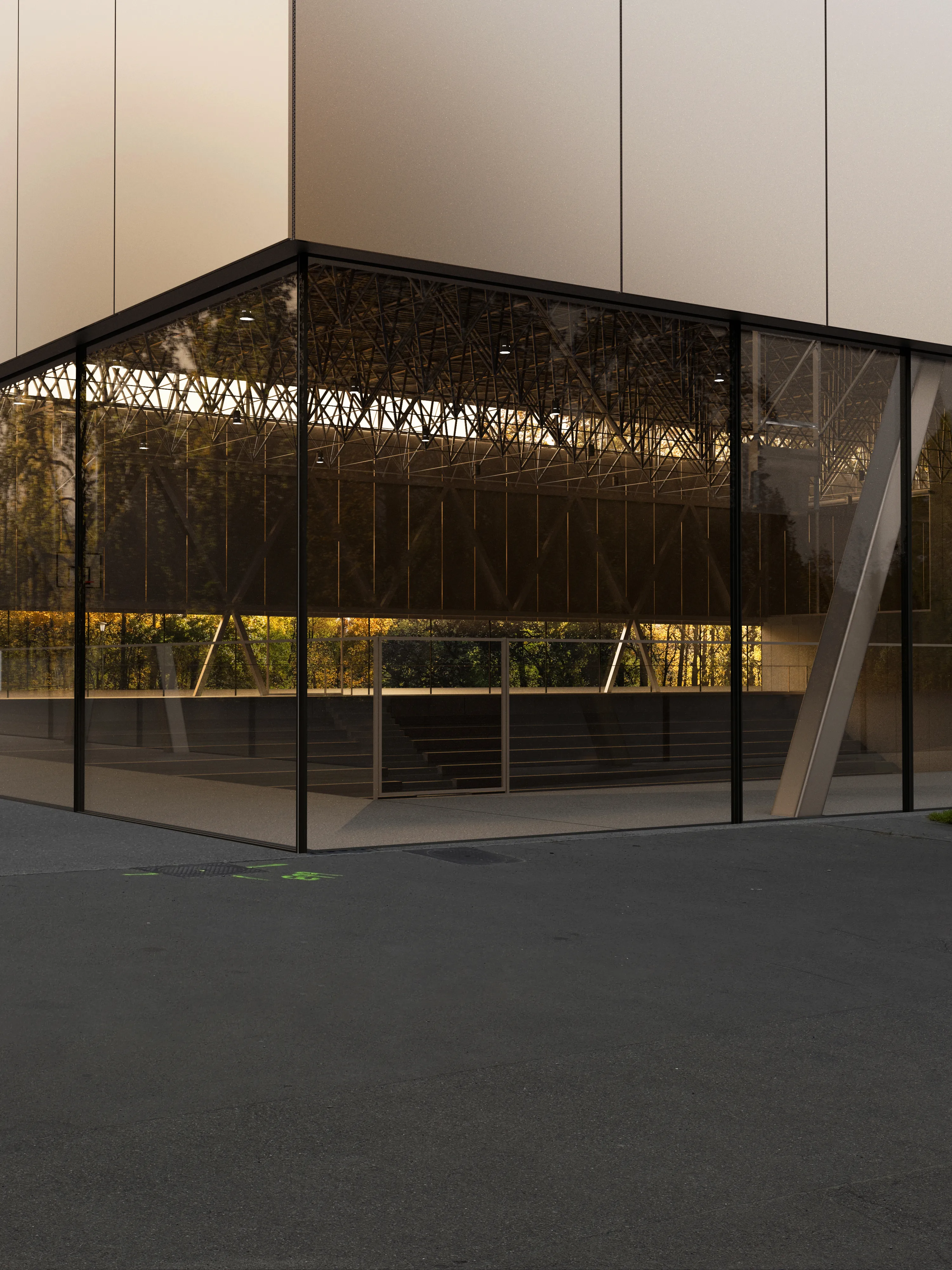 External metal facade of a sports hall being an extension of an existing elementary school in Miechów, Małopolskie voivodship.