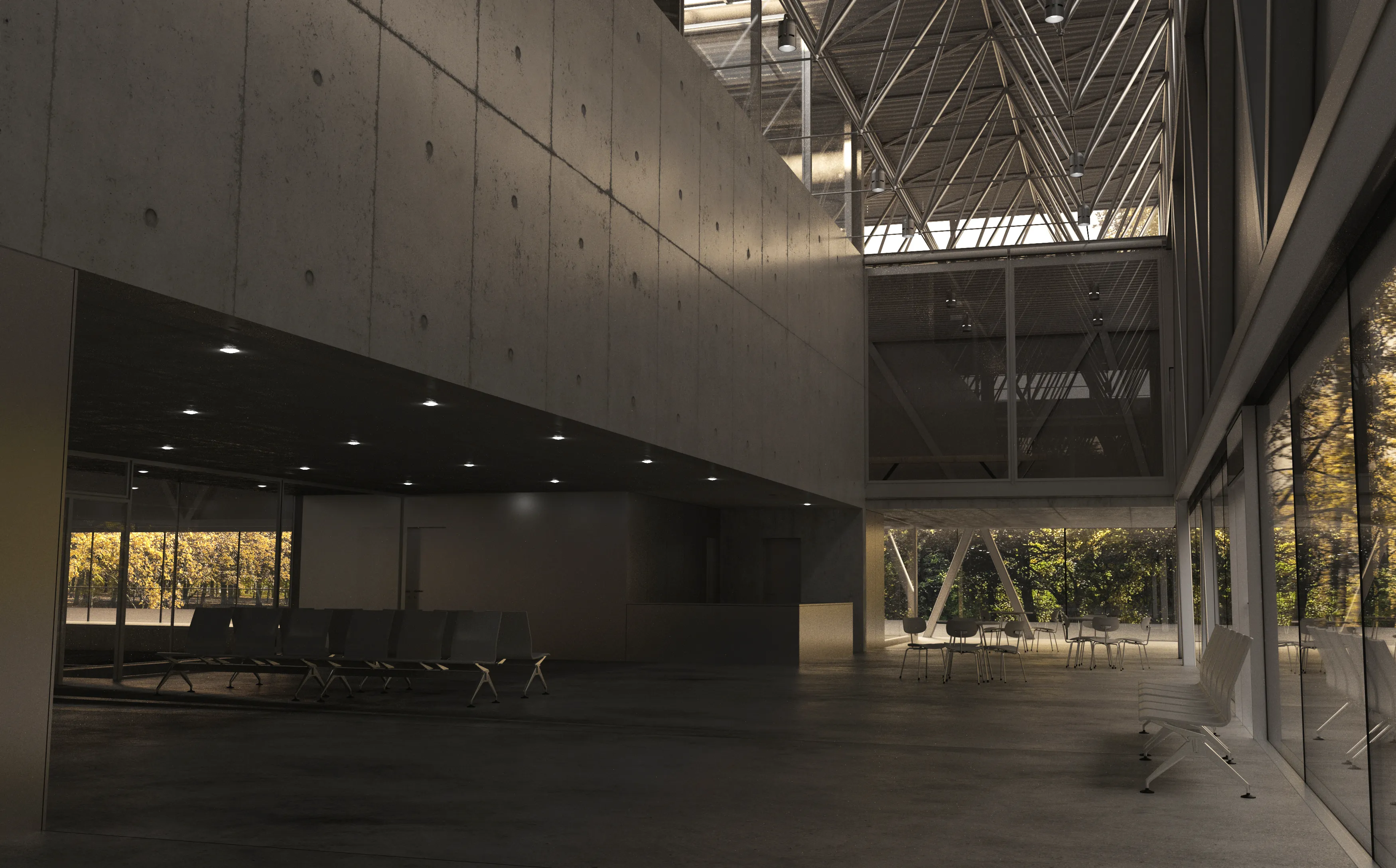 Common area with a cafe of a sports hall being an extension of an existing elementary school in Miechów, Małopolskie voivodship.