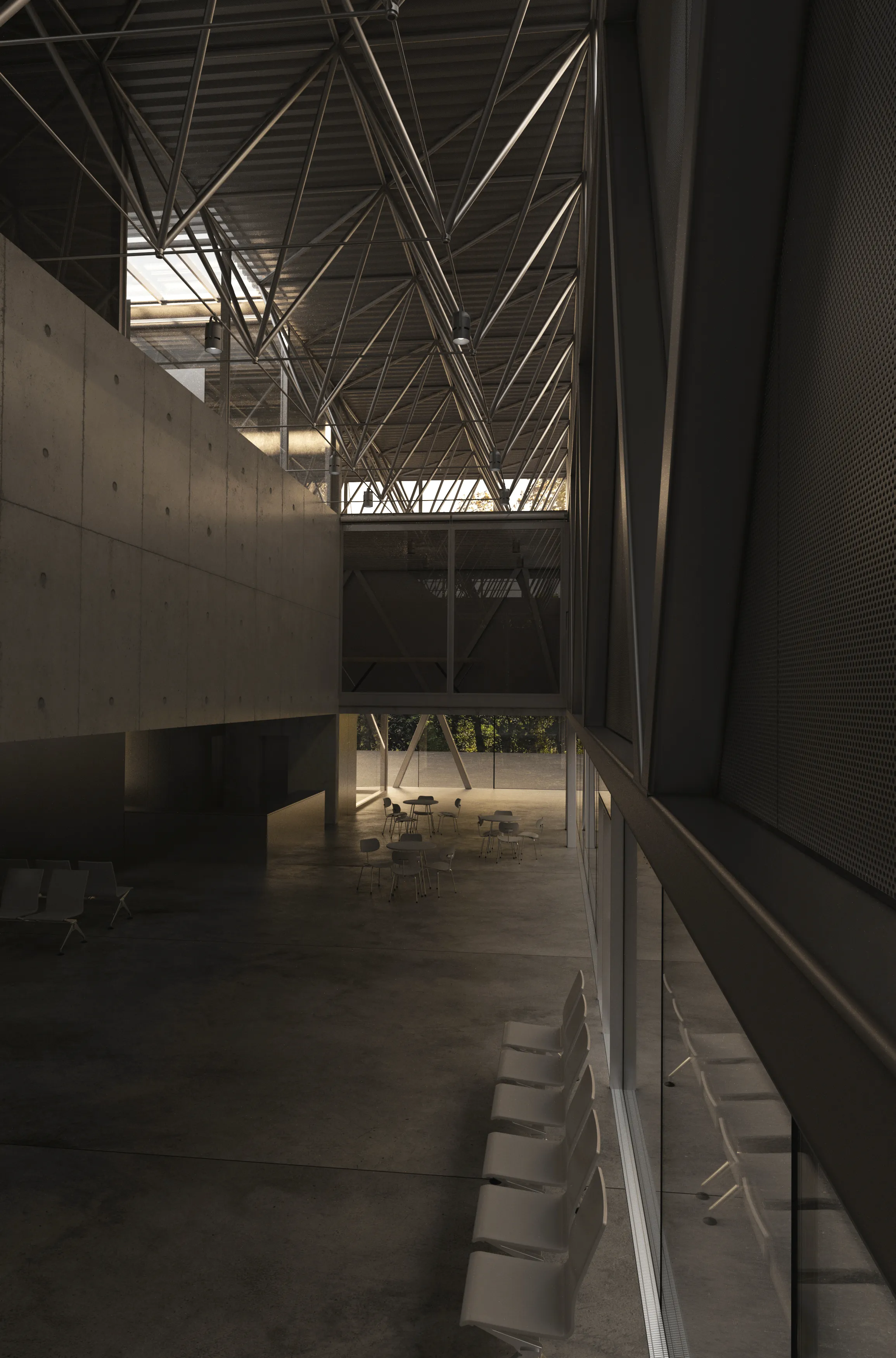 Common area with a cafe of a sports hall being an extension of an existing elementary school in Miechów, Małopolskie voivodship.