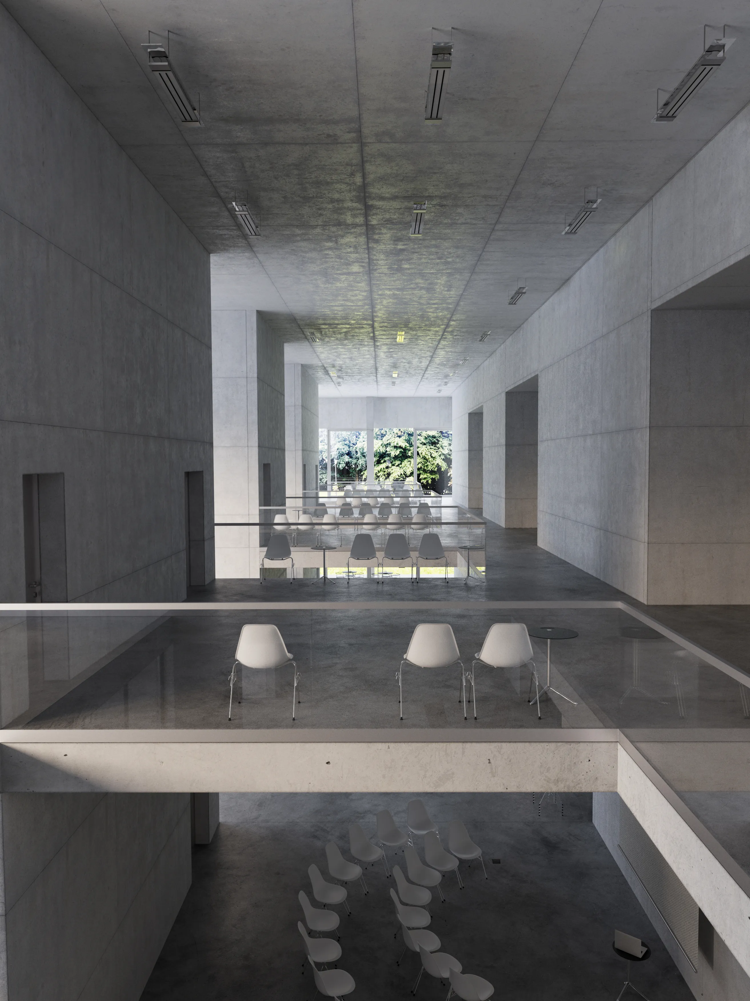 A two-story interior common space with seating in the foreground in the newly designed building of the University of Warsaw's Sports and Recreation Center.