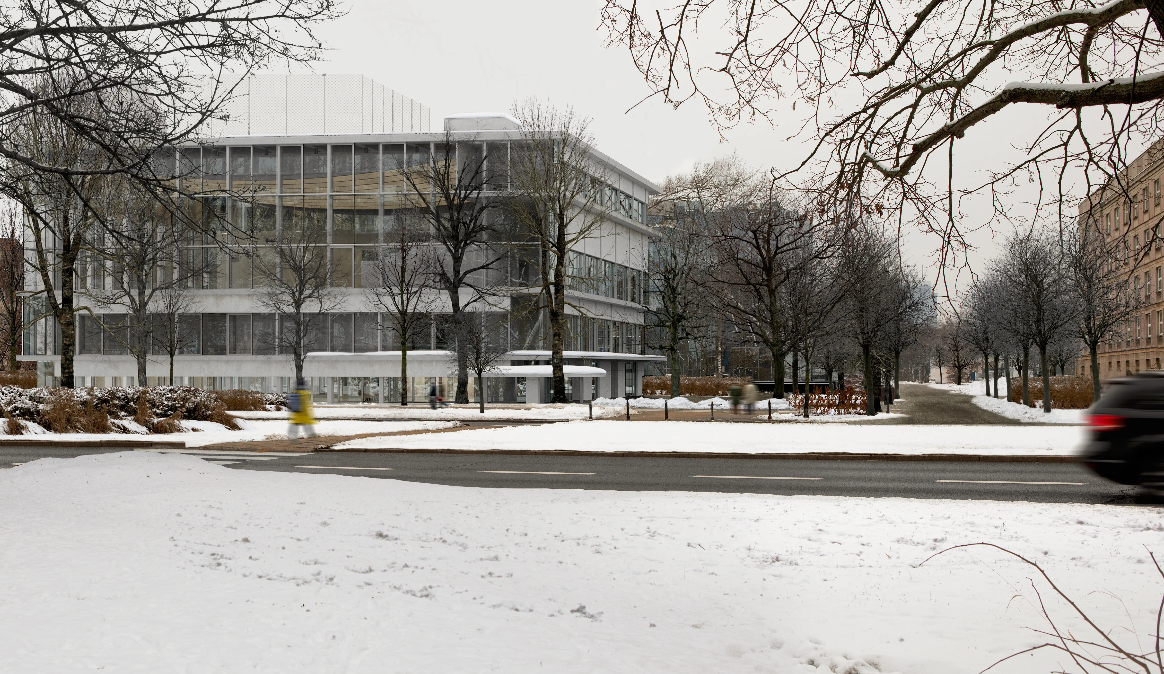 Winter view from S.Banacha street of the new University of Warsaw Sports and Recreation Center.
