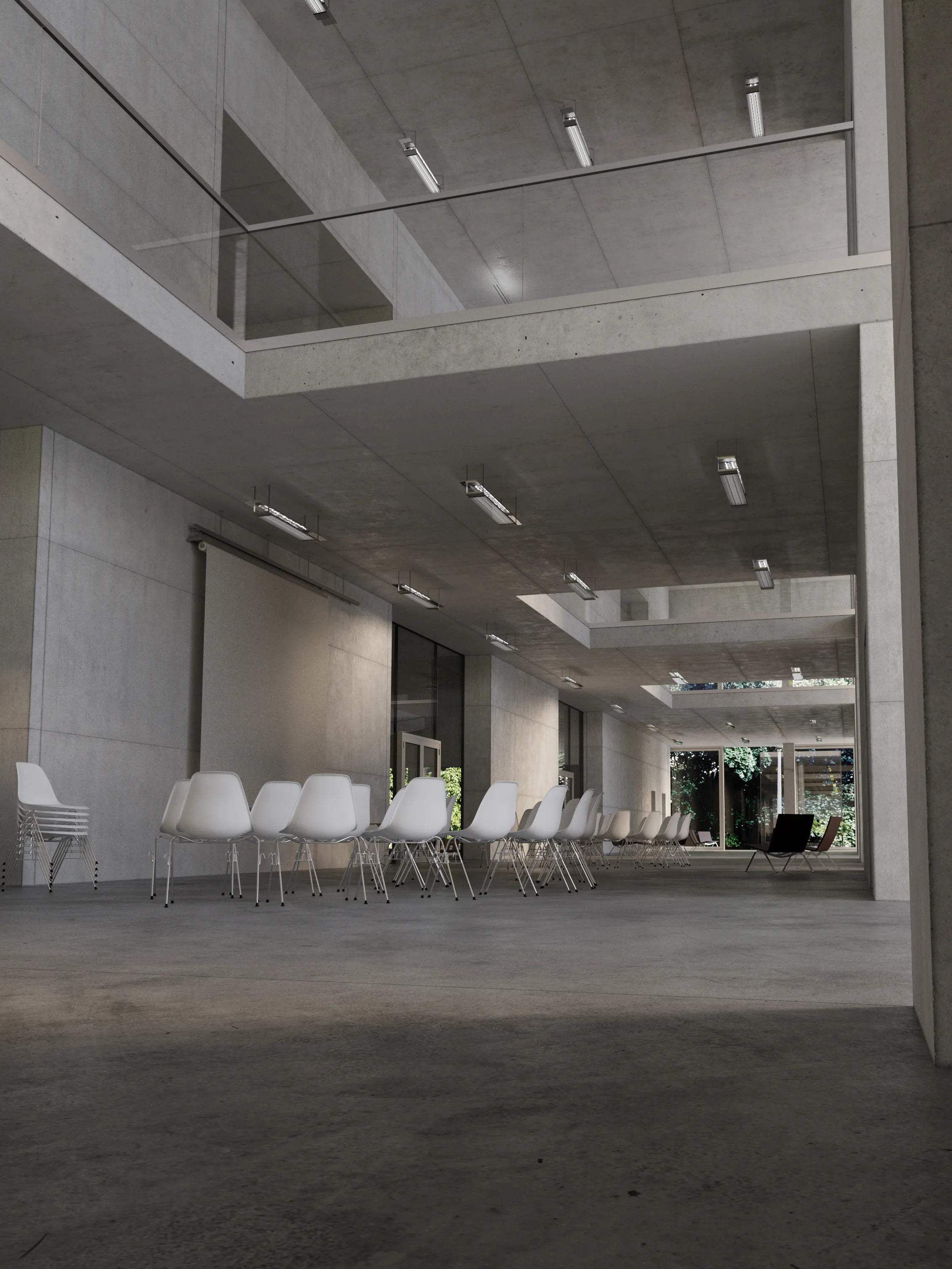 A two-story interior common space with seating in the foreground in the newly designed building of the University of Warsaw's Sports and Recreation Center.