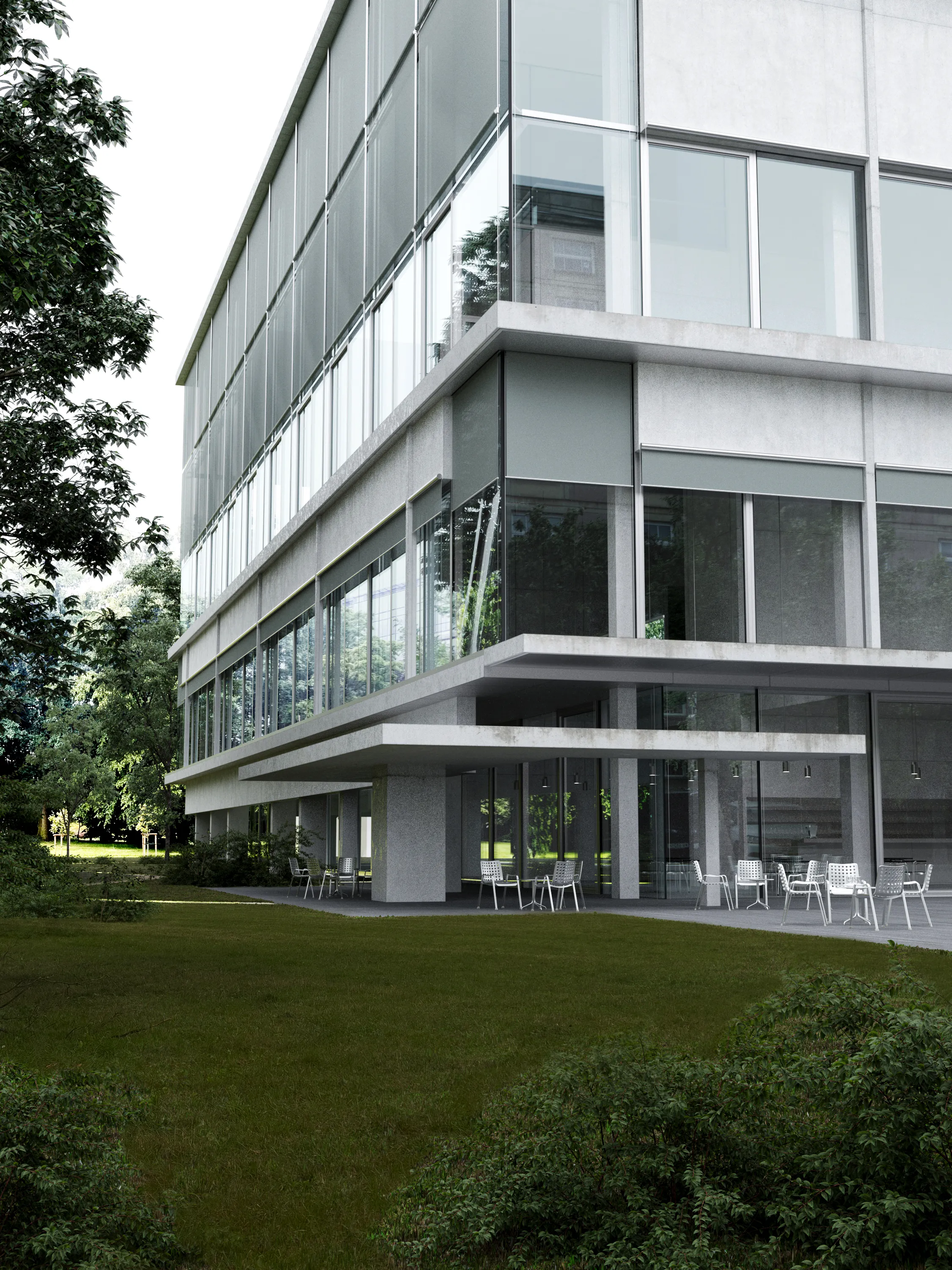 The corner of the new building of the University of Warsaw's sports and recreation center with the surrounding greenery and the café and its outdoor tables in the background. The building has a glazed facade, suspended concrete screens and external shades.