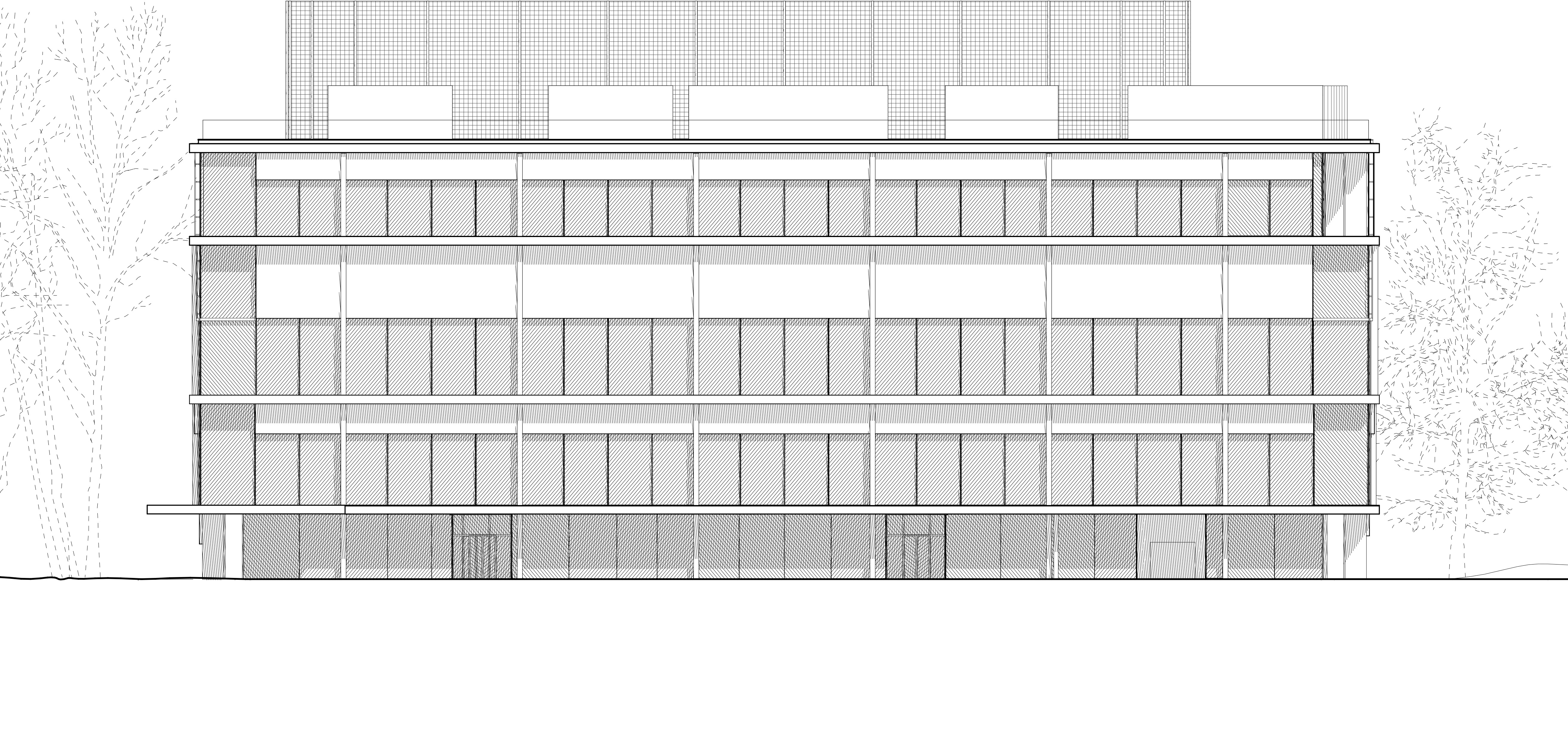 Eastern elevation with suspended concrete screens and curtain wall of the new University of Warsaw Sports and Recreation Center.