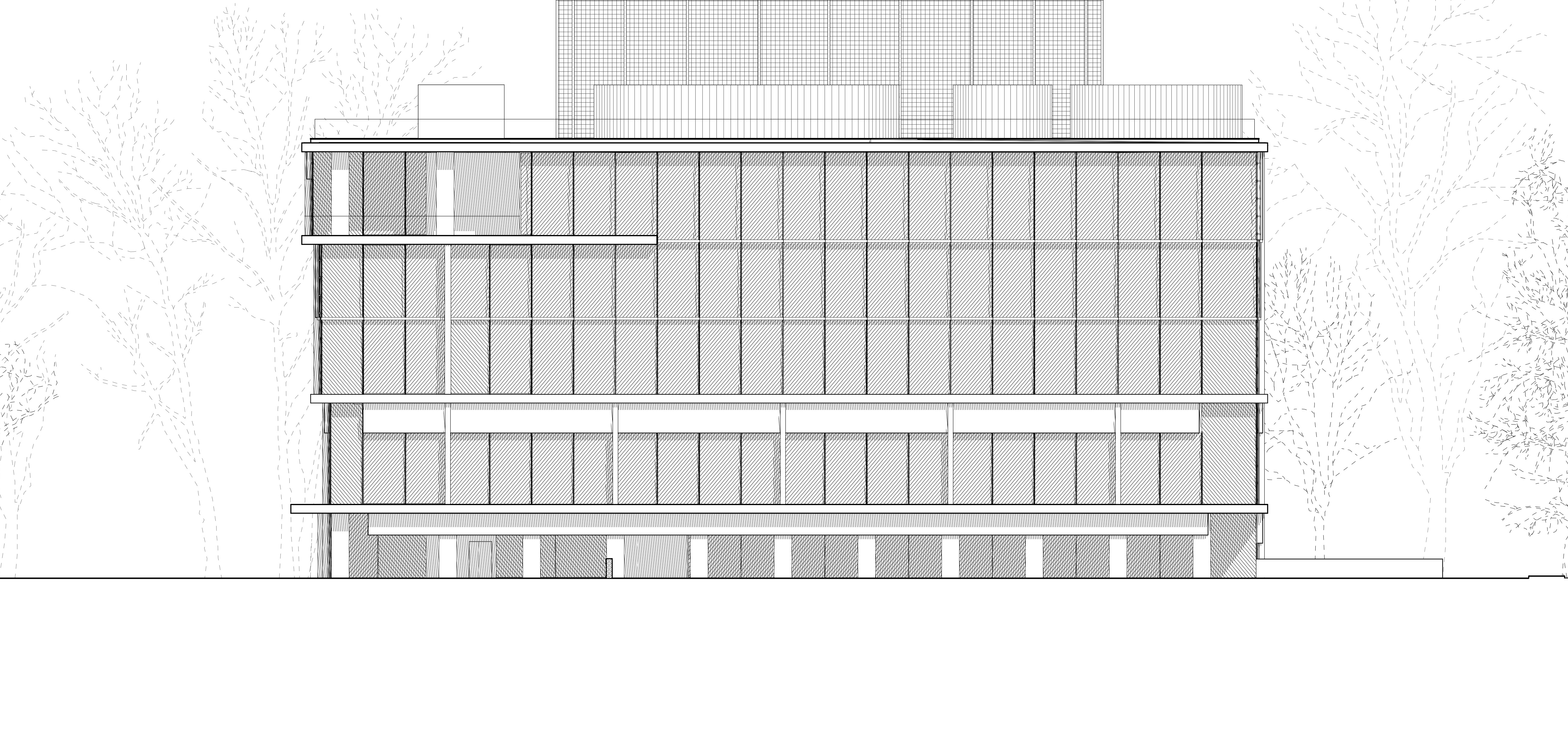 Northern elevation with suspended concrete screens and curtain wall of the new University of Warsaw Sports and Recreation Center.