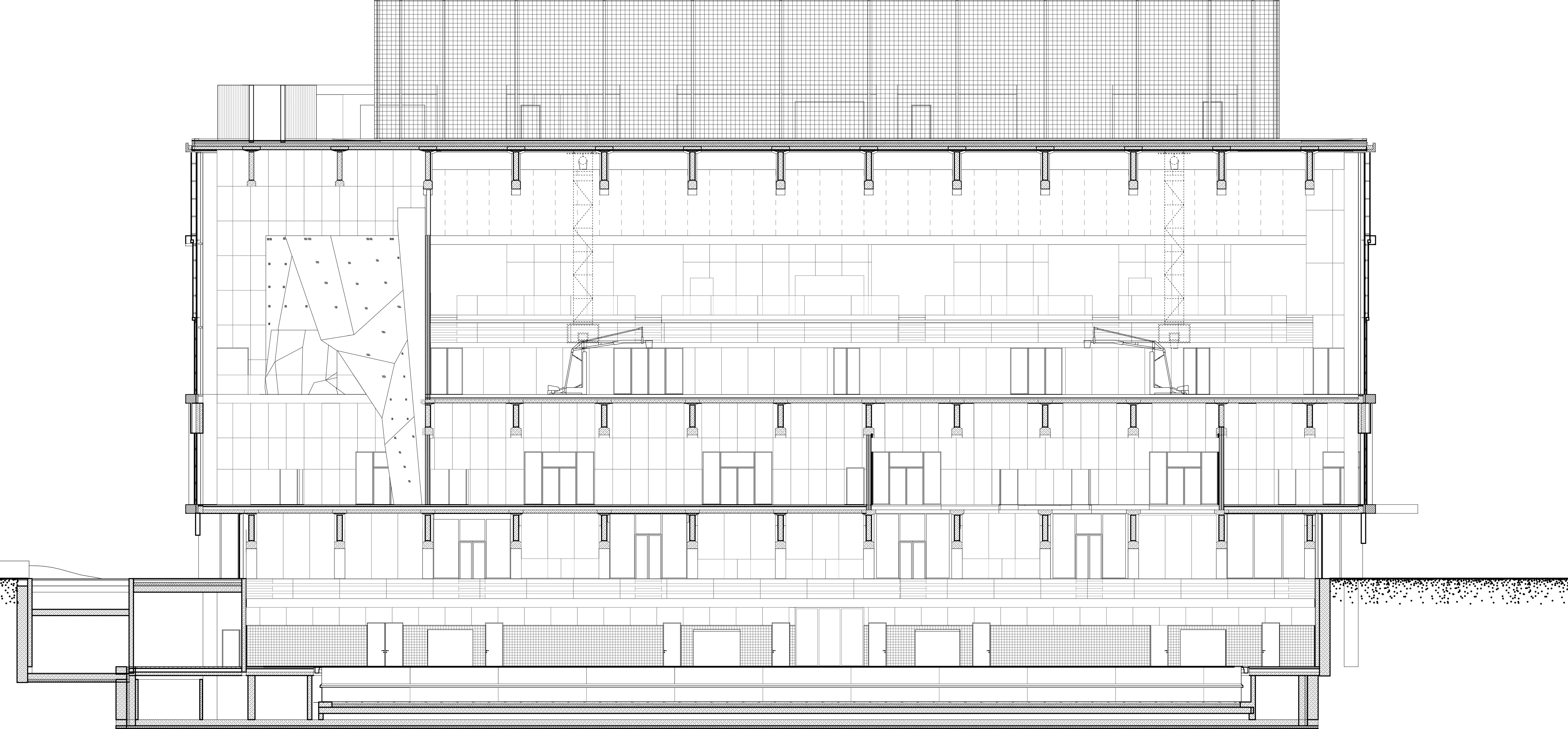 Long section of the new University of Warsaw Sports and Recreation Center at S.Banacha street.