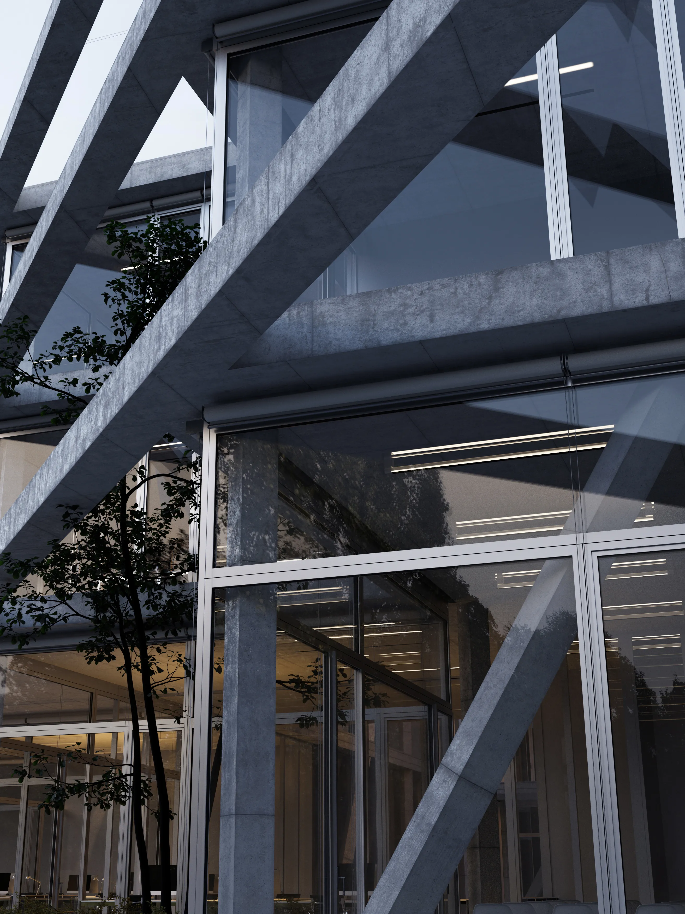 A cutout view of the glazed exterior facade of the University of Warsaw's research and teaching building for the Faculty of Social Sciences at Furmańska Street in Warsaw.